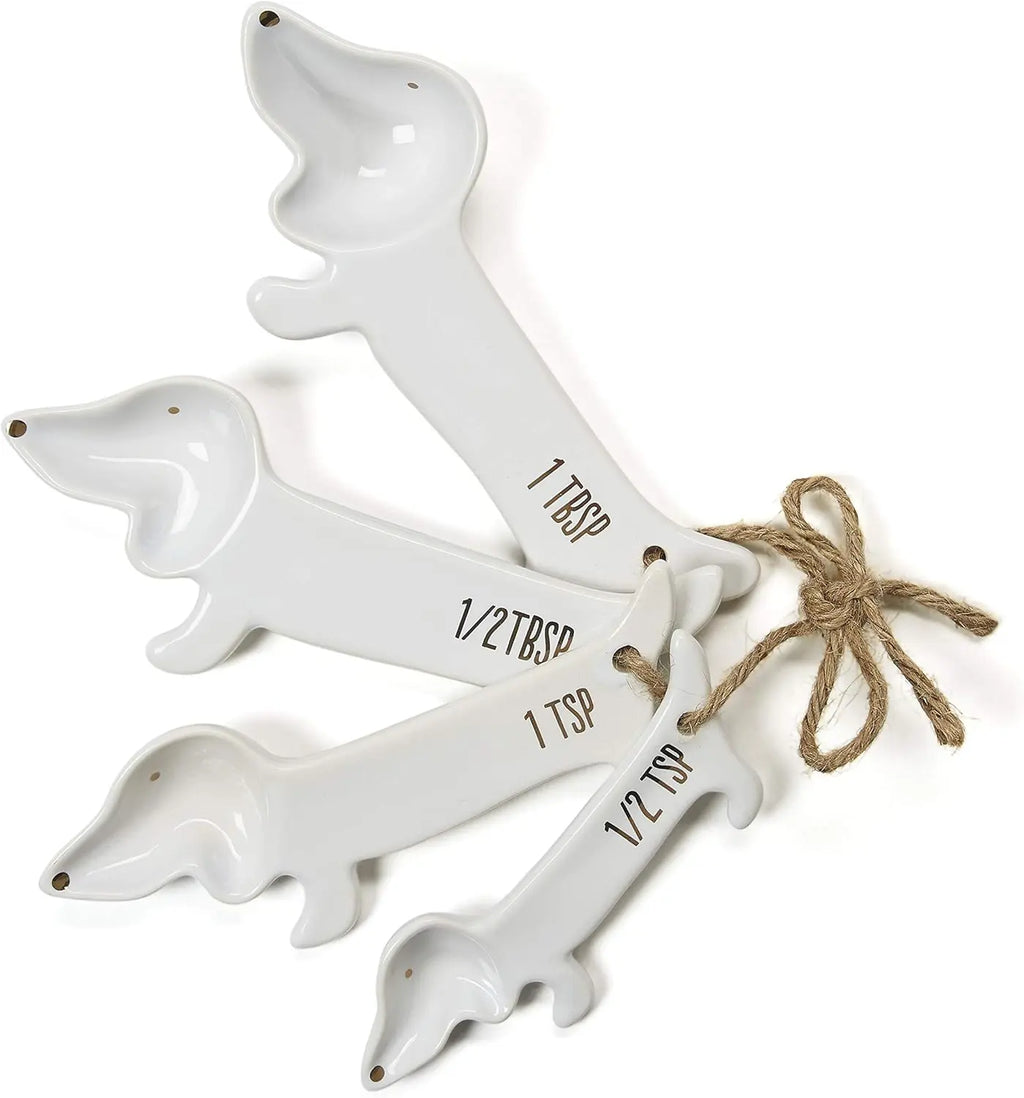VOTUM Dachshund-Themed White Ceramic Measuring Cups & Spoons Set - Adorable Dog Lover's Kitchen Accessories with Spoon Rest