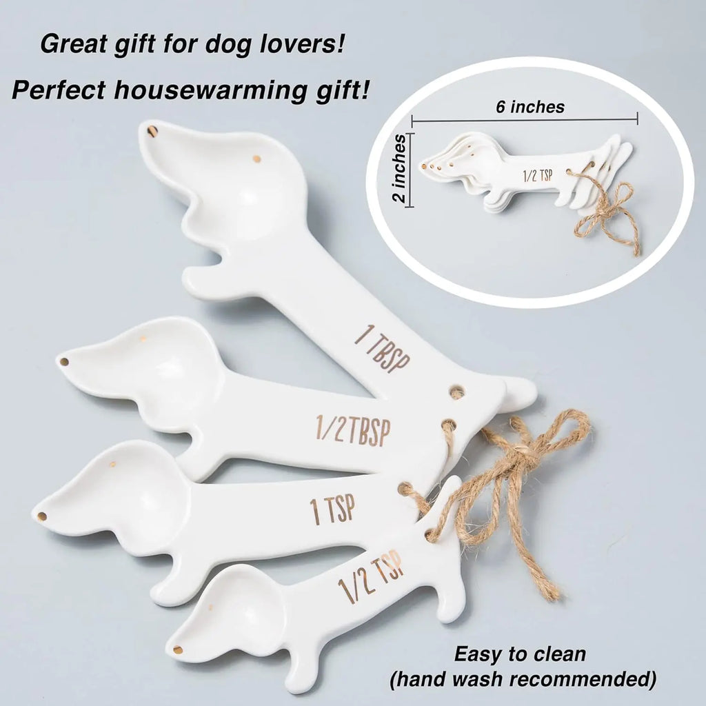 VOTUM Dachshund-Themed White Ceramic Measuring Cups & Spoons Set - Adorable Dog Lover's Kitchen Accessories with Spoon Rest