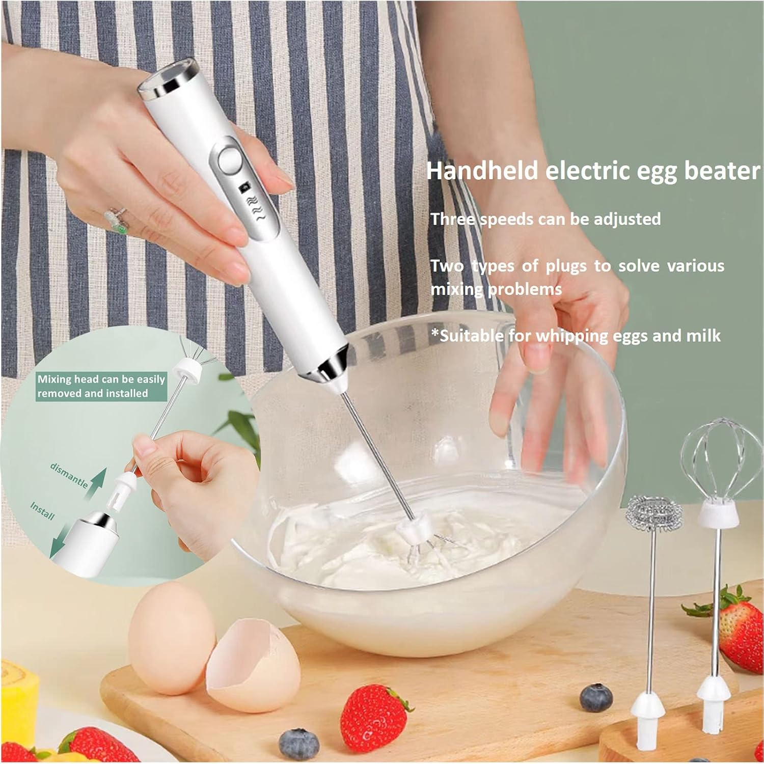 Rechargeable Milk Frother - 3-Speed Electric Handheld Coffee Mixer with 2 Whisks and Decoration Tool, Stand-Up Design for Latte, Cappuccino, Cream (White)