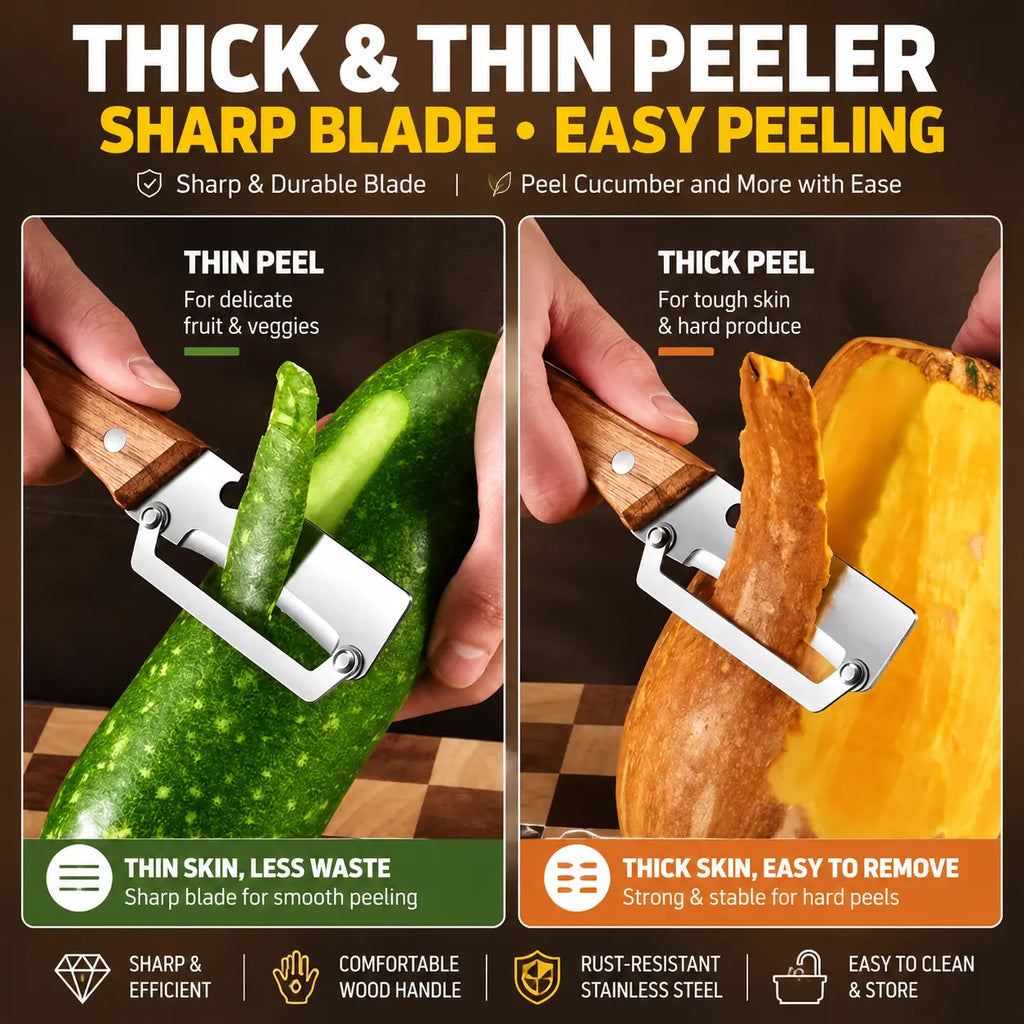 2 PCS Wood Handle Multifunction Kitchen Peeler – Peel, Slice, Scrape & Bottle Opener Tool