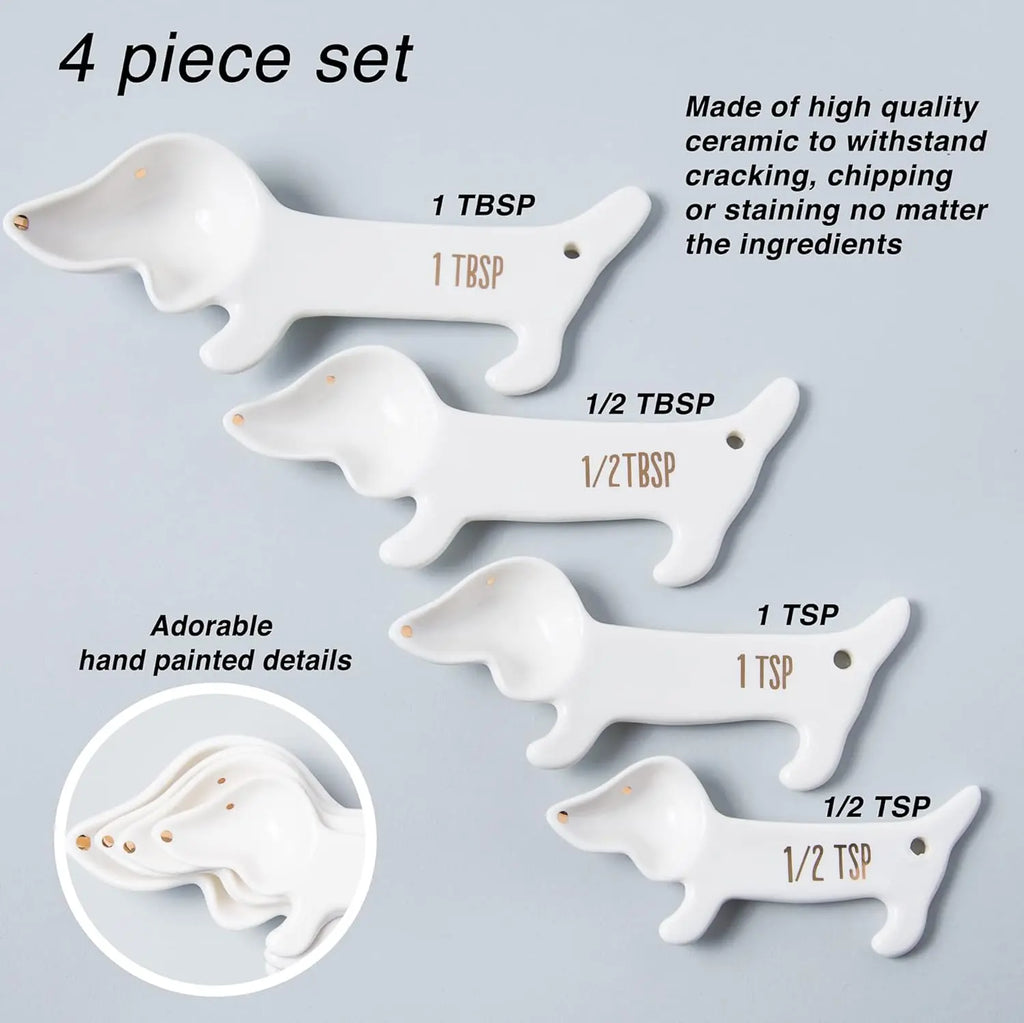 VOTUM Dachshund-Themed White Ceramic Measuring Cups & Spoons Set - Adorable Dog Lover's Kitchen Accessories with Spoon Rest